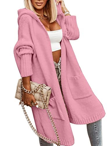 Aoysky Womens Long Cardigans Cable Knitted Open Front Oversized Hooded Outerwear Sweater Coat Pink - Image 1