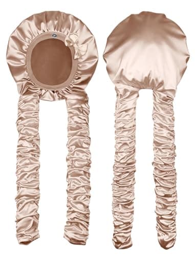 Vettres Heatless Curl Satin Bonnet for Sleeping, No Slip Sleep Bonnet with Long Curling Ribbons for Braids & Long Hair Beige - Image 1