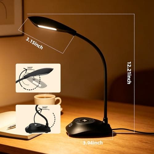 Zensun Desk Lamp for Home Office Compatible with MagSafe Wireless Fast Charging, Dimmable 3 Color Modes, 600LM, CRI 85, Adjustable Neck Study Lamps for College Dorm Room, Adapter Not Included, Black - Thumbnail 4