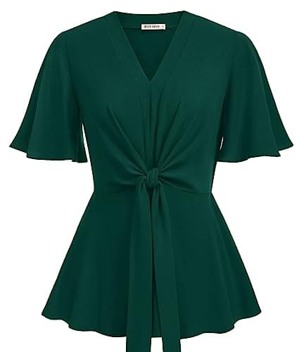 Womens Dark Green Peplum Tops V Neck Bell Sleeve Tops Tie Front Elegant Blouses XL - Image 1