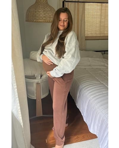 G4Free Maternity Sweatpants Adjustable Waist Lounge Casual Cinch Bottom Pregnancy Scrubs Pants with Pockets Over Bump(Dark Coffee,XS,Tall) - Thumbnail 3