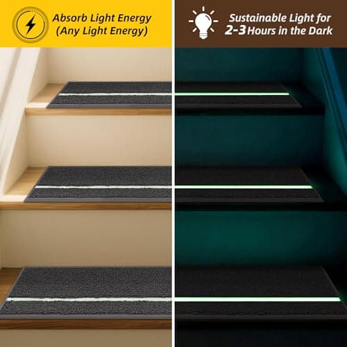 JSEI Stair Treads for Wooden Steps Indoor with Glow in The Dark Stripe, 4 Pack 9" X 28" Non-Slip Washable Carpet Stair Mats with TPE Backing, Polyester Stair Rugs for Kids Elders & Pets, Dark Grey - Thumbnail 3