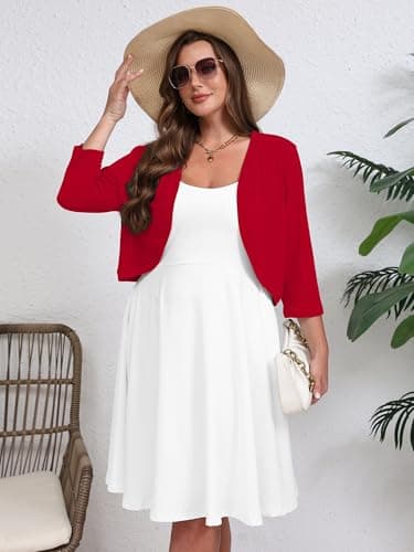 AusLook Plus Size Women Bolero Shrugs 3/4 Sleeve Red 3X Open Front Knit Lightweight Coat Cropped Tops Shawls and Wraps Cardigan Dressy Sweater Clothes - Thumbnail 5