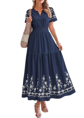 PRETTYGARDEN Women's Summer Boho Maxi Dress 2026 Spring Floral Short Sleeve V Neck A Line Flowy Beach Wedding Guest Dresses (Navy Blue,Small) - Image 1