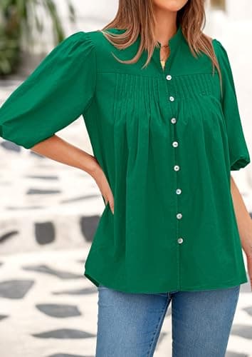 PRETTYGARDEN Women's 2026 Summer Short Lantern Sleeve Tops Loose Fit Button Down Shirt Pleated V Neck Blouses Trendy Clothes (Green,Medium) - Thumbnail 4
