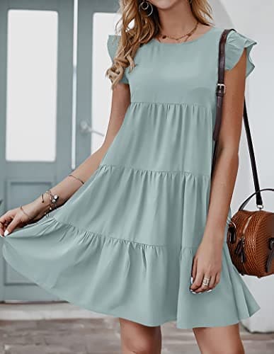 KIRUNDO Women's Dresses 2026 Spring Summer Casual Sleeveless Ruffle Round Neck Solid Loose Short Flowy Tiered Mini Babydoll Dress (Grey Green, Large) - Thumbnail 5
