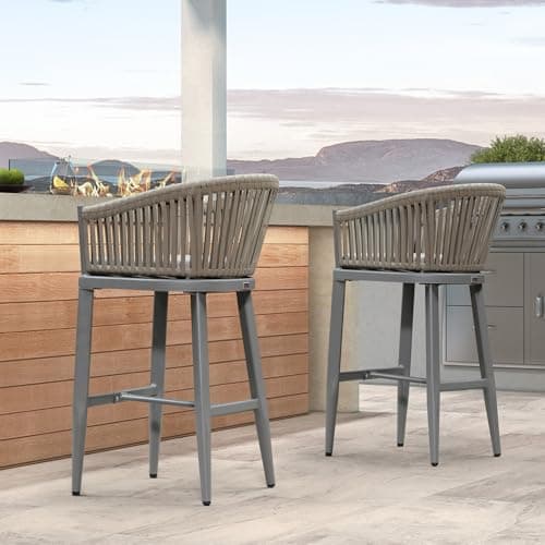 PURPLE LEAF Outdoor Bar Height Stools Set of 2 Patio Metal Modern Wicker Bar Chairs Woven Aluminum Barstools with Back and Cushions for Balcony Garden Indoor Kitchen Poolside Light Gray - Thumbnail 6