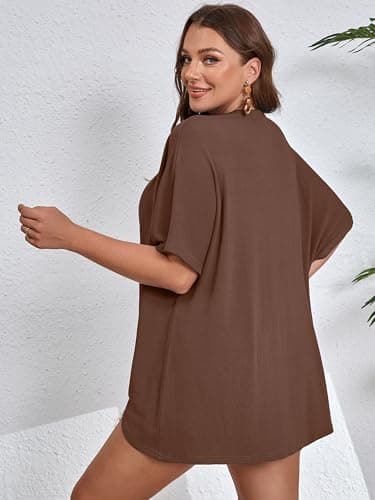 AusLook Women's Plus Size Short Sleeve Lightweight Open Front Cardigan Coffee 2X Cover Ups Shrugs Shawls and Wraps Kimono Jacket Coat - Thumbnail 2
