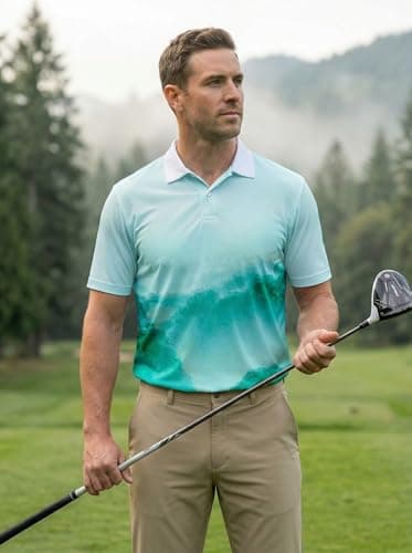 KUYIGO Mens Golf Shirt Short Sleeve Novelty Golf Polo for Men Dry Fit Moisture Wicking Casual Collared Print Polo Shirt M Turquoise - Thumbnail 3