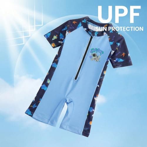 DivingBirds Toddler Boy Rash Guard Swimsuit Short Sleeve,Baby Boy One Piece Swimwear Sun Protection Bathing Suit,Blue Rocket,3-6 Months - Thumbnail 5