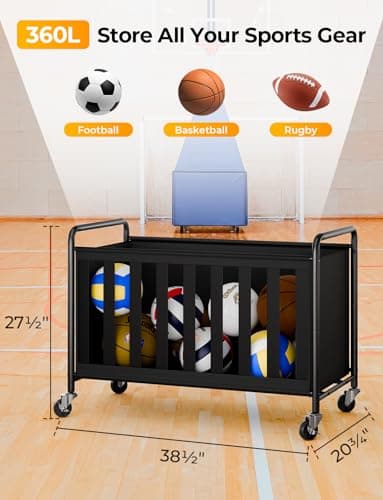 StorageWorks Ball Storage with Wheels, Ball Cart for Garage, Garage Sports Equipment Organizer with Hooks, Balls Organizer for Basketball, Football, Volleyball - Thumbnail 2