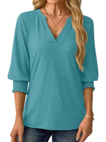 GKBK Womens 3/4 Sleeve Shirts V Neck Dressy Casual Spring Summer Blouses with Smocked Cuffs - Thumbnail 4