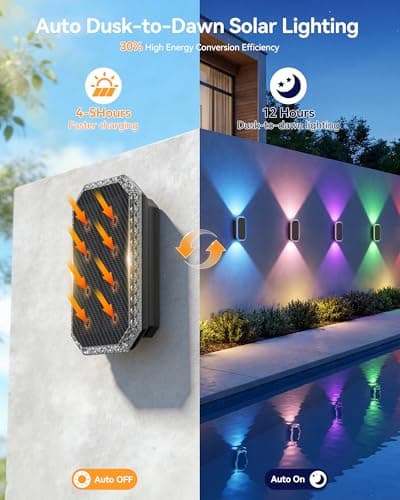 TECKNET Solar Fence Lights Outdoor 8 Pack with Bi-Directional, Uplight & Downlight, Solar Powered Fence Wall Lights Waterproof IP67 8 Colors & RGBW Dynamic Cycling for Outdoor/Patio/Porch/Pool Cage - Thumbnail 4