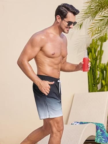 SILKWORLD Men's Swim Trunks Quick Dry Beach Shorts with Compression Liner and Zipper Pockets, Gradient-Black, X-Large - Thumbnail 4