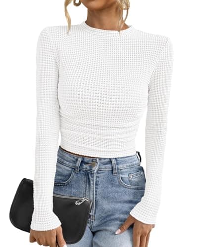 PRETTYGARDEN Womens Tops 2026 Spring Long Sleeve Fitted T Shirts Waffle Ruched Crop Shirt Basic Knit Workout Y2k Clothes(White,XX-Large)