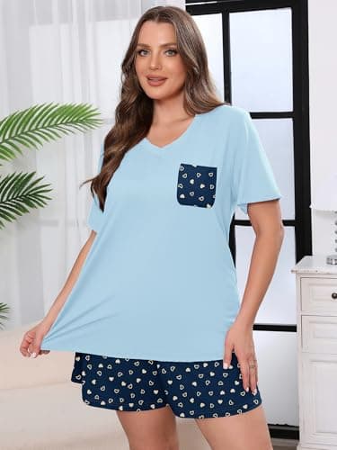 AusLook Plus Size Pajama Set for Women 2 Piece V Neck Short Sleeve Loungewear 2X Set with Pajama Printed Shorts Summer Sleepwear Loose Fit 1X-5X - Thumbnail 2