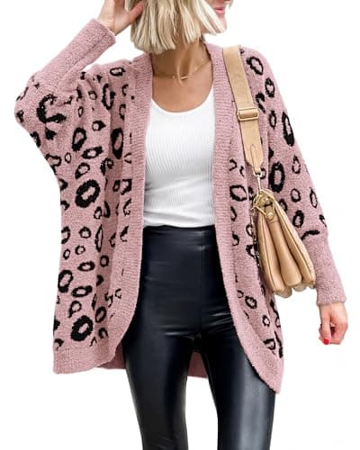 BTFBM Leopard Cardigan for Women Long Sleeve Open Front Cardigans Sweaters Pockets Loose Knit 2026 Fall Winter Outwear(Pink, Large) - Image 1