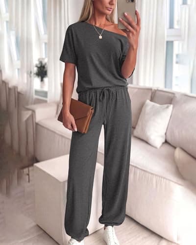 Zenlonr Women Summer 2 Piece Outfits 2026 Off Shoulder Short Sleeve Tops Elastic Waist Drawstring Long Pants Tracksuit(Dark Grey,Medium) - Thumbnail 4