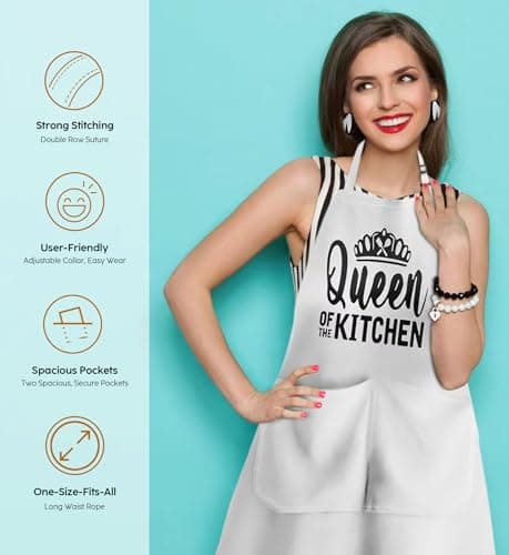 King & Queen Apron Set - Matching Couples Kitchen Aprons with Deep Pockets & Reinforced Stitching - Waterproof Professional Cooking Gear for Wedding, Engagement, Bridal Shower, Valentines, Christmas - Thumbnail 4