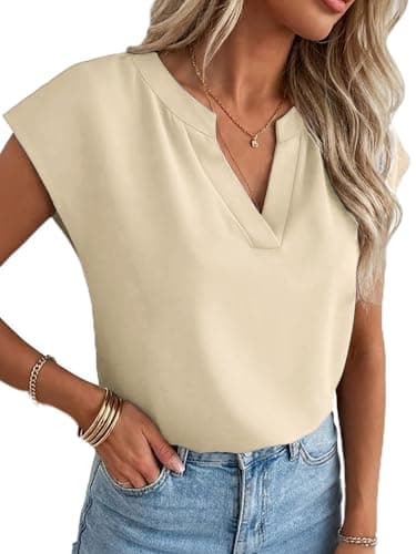 Funlingo Blouses for Women Dressy Casual Cap Sleeve Business Casual Tops V Neck Professional Work Shirt Fashion Clothing Beige 2XL - Image 1