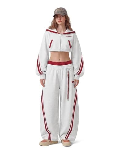 Aelfric Eden Cropped Contrast Stripe Zip Up Hoodie Y2K Long Sleeve Crop Sweatshirts Casual Hooded Jacket Grey X-Small - Thumbnail 3