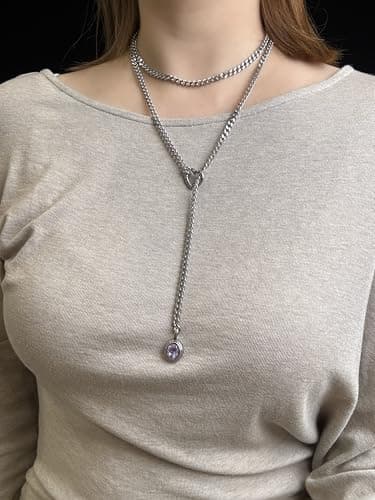 EverGlimp Heart Slip Chain Necklace for Women, 39 Inch Extra Long Cuban Chain, Removable Heart O-Ring, Crystal Pendant, Double Layer Adjustable Stainless Steel Y-Necklace, Statement Jewelry - Thumbnail 2