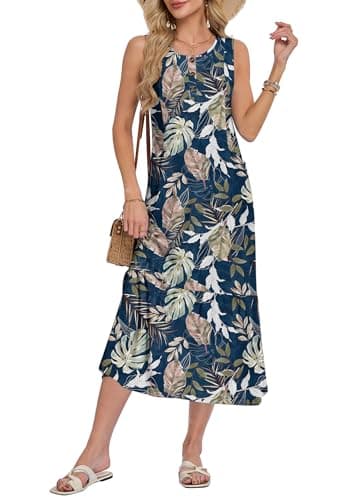 WNEEDU Women Summer Sleeveless Midi Dresses Button Front Sundress with Pockets(Selva Leaf Map,S) - Image 1