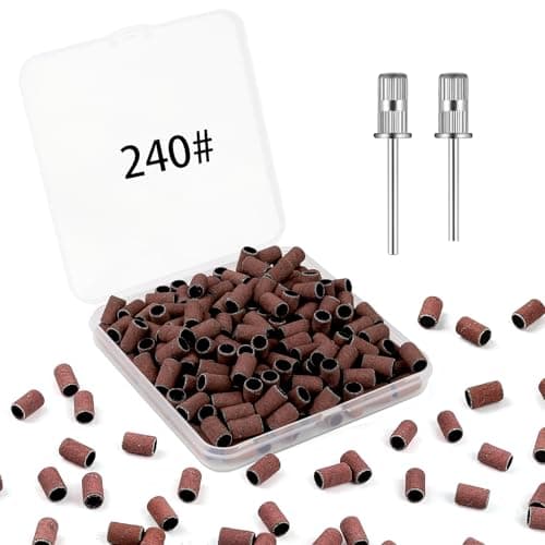 BEVTEE 200Pcs Sanding Bands for Nail Drill, 240 Grit Small Nail Sanding Bands, with 2pcs 3/32'' Nail Drill Bits, for Acrylic Nails Gel Manicures and Pedicure, Brown, Including a Dedicated Organizer