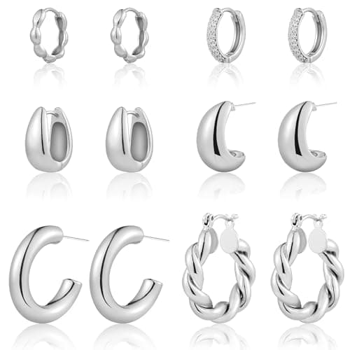 HILXURY 6 Pairs Gold Hoop Earrings for Women, 14K Gold Plated Chunky Huggie Hoop Earrings Set Hypoallergenic, Lightweight Twisted Open Hoops Jewelry for Christmas/Birthday Gifts. (Silver) - Image 1