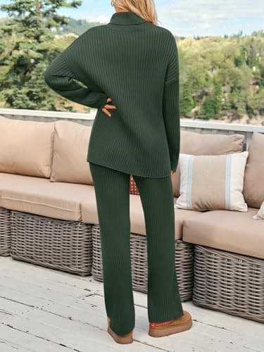 LILLUSORY Women 2 Two Piece Outfits Winter Clothes Turleneck Sweater Matching Lounge Sets Wide Leg Pants 2026 Fall Trendy Cozy Ribbed Knit Sweatsuits Sweat Suit Travel Loungewear Dark Green XL - Thumbnail 4