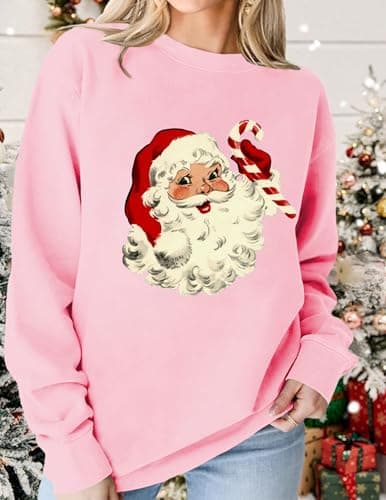 LETSEE Womens Christmas Sweatshirt Crewneck Graphic Oversized Casual Ugly Funny Pullover Sweaters Comfy Fall Fashion Outfits, A-Pink, Small - Thumbnail 3