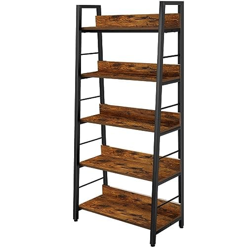 BATHWA 5 Tier Ladder Shelf Bookcase, Industrial Rustic Open Wood Metal Ladder Bookshelf for Living Room Bedroom Home Office, Rustic Brown Wooden Vintage 28'' Wide Storage Shelf - Image 1