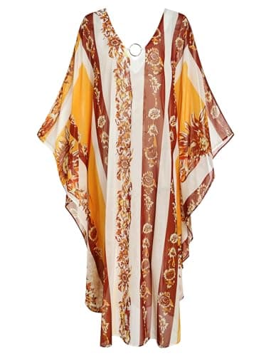 ZAFUL Kaftan Dresses for Women Moo Moos Plus Size O Ring V Neck Batwing Sleeves Beach Cover Ups Hawaii Summer Vacation Outfits Caftan Maxi Dress Loungewear Yellow Floral - Thumbnail 6