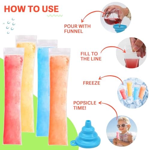 300 Disposable Ice Popsicle Mold Bags, BPA-Free Freezer Tube, Popsicle Mold bags with Zip Seals&Funnel, Summer Homemade DIY Snacks, Yogurt Sticks, Juice & Fruit Smoothies. (300, Transparent) - Thumbnail 3