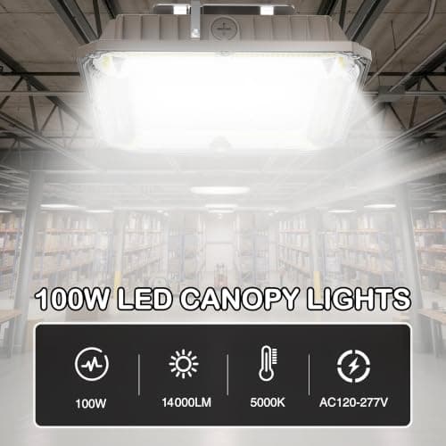 LED Canopy Lights, 100W, 14000LM, 5000K, 0-10V Dimmable, 120-277VAC, IP65 Waterproof, UL Listed, Commercial LED Canopy Lights Outdoor for Gas Station, Carport, Parking Garage, Warehouse, 1 Pack - Thumbnail 2
