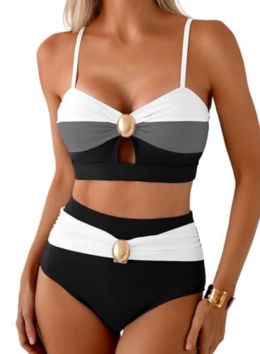 Herseas Women's 2 Piece Colorblock Black Bikini Sets Push Up Oval Metal Swim Suits 2026 High Waisted Ruched Stretchy Beach Summer Swim Bathing Suits Trendy Cruise Essentials X-Small - Image 1