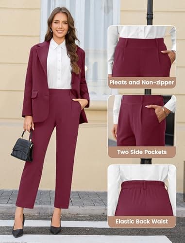 AB-Eleven Straight Leg Womens Dress Pants for, Stretchy Work Office Pants Pull on Business Casual Slacks with Pockets Wine Red - Thumbnail 5