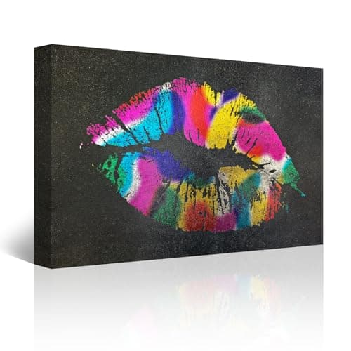 llribbons Colorful Lips Canvas Wall Art Hand Painted Fashion Sexy Lip Pictures Makeup Room Wall Decor 3D Textured Modern Glam Poster for Living Room Bedroom Bathroom Office Home Decor Framed 16" x 24" - Image 1