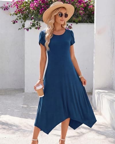 Pleneal Dresses for Women 2026 Casual Summer Maxi Dress Beach Sun Dress with Pockets Short Sleeve Long Vacation Dresses Navy - Thumbnail 6