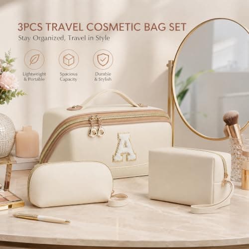 YTL Travel Makeup Bag, Large Capacity Cosmetic Bag for Women, Waterproof PU Leather, Flat Open Portable Toiletry Bag for Skincare, Brushes & Travel Essentials - Thumbnail 5