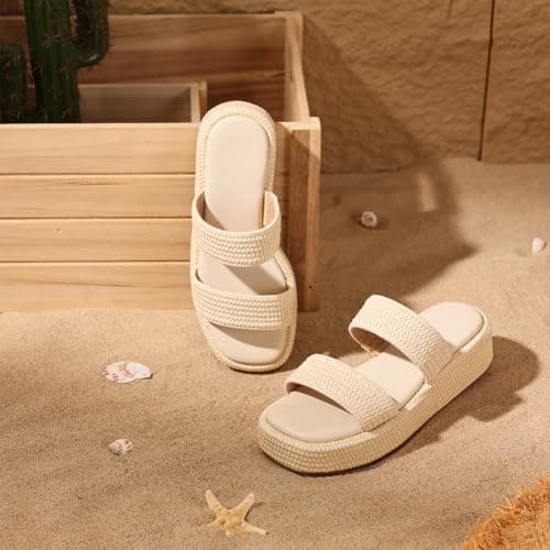Erocalli Summer Beach Sandal Cute Espadrilles for Women Open Toe Slides Platform Wedge Raffia Sandals Slip on Beige Dressy Trending Vacation Shoes Beach Vacation Essentials - Thumbnail 5