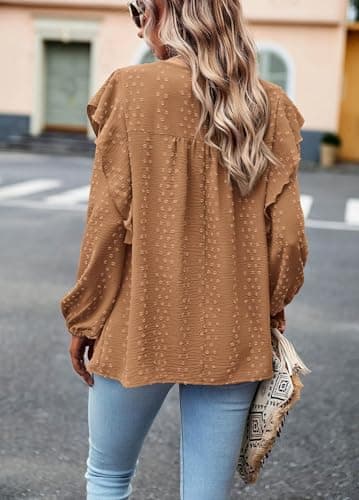 PRETTYGARDEN Spring Tops for Women 2026 Ruffle Sleeve Blouses Swiss Dot Crochet Loose Fit Tunic Dressy Casual Business Work Shirts (Brown, XXL) - Thumbnail 2