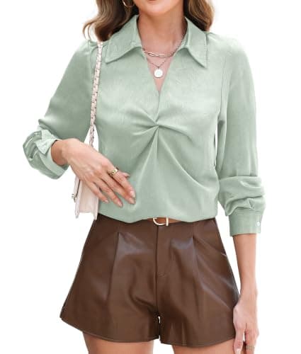 RUMIA Longsleeve Satin Silk Fall Blouses Shirt for Women Business Work Top Sage - Image 1