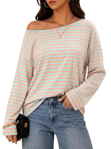 Flowyair Womens Off the Shoulder Tops Striped Long Sleeve Casual Loose Fit Asymmetrical Y2K Trendy Shirt Orange-Blue - Image 1