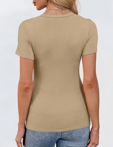 GKBK Womens Short Sleeve Shirts Crew Neck Ribbed Fitted Tight Shirts Layering Top Basic Tee Tshirts Cute Summer Tops Casual Spring Clothes Outfits 2026 Trendy Khaki - Thumbnail 5