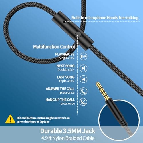 URBAN SWING W4 Wired Headphones with USB C Adapter, Over Ear Headset with Mic, 3.5mm AUX Plus Type-C Plug, 4.9ft Extra Long Cord for iPhone 17/16/15, Samsung, iPad, PS5, School & Travel, Foldable - Thumbnail 2