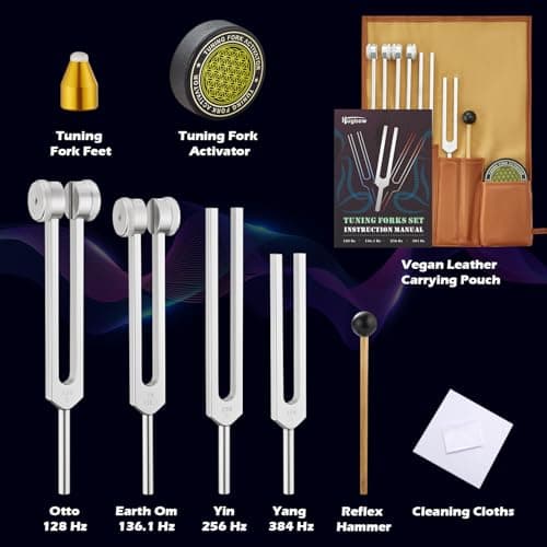 Hugbow Tuning Forks for Healing, Aluminum Alloy Tuning Fork 128Hz, 136.1Hz, 256Hz, 384Hz, Hockey Puck Activator & feet, Weighted & Unweighted Tuning Fork Set with Vegan Leather Pouch - Thumbnail 2