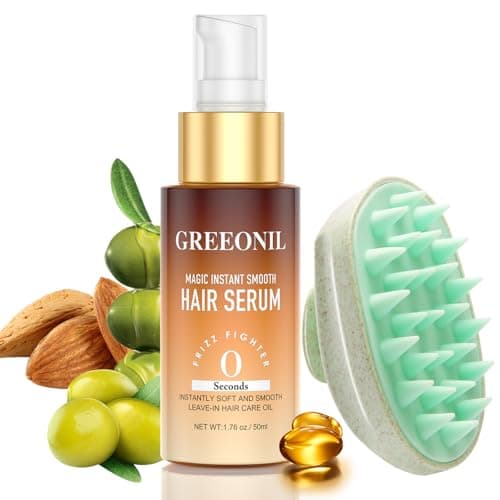 GREEONIL Hair Serum for Frizzy Hair with Hair Scalp Massager Shampoo Brush - Anti Frizz Serum Shine and Gloss Treatment with Marula Oil, Squalane, Vitamin E, Olive, For All Hair Types