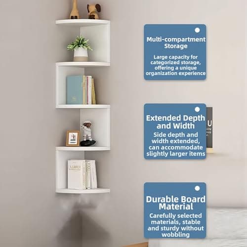 FRAWENLECO No-Drill Corner Shelf Wall Mount, 5-Tier Floating Corner Bookshelf with Hooks, Space-Saving Zigzag Plant Shelf for Bedroom, Living Room, Bathroom, Home Office - Thumbnail 6