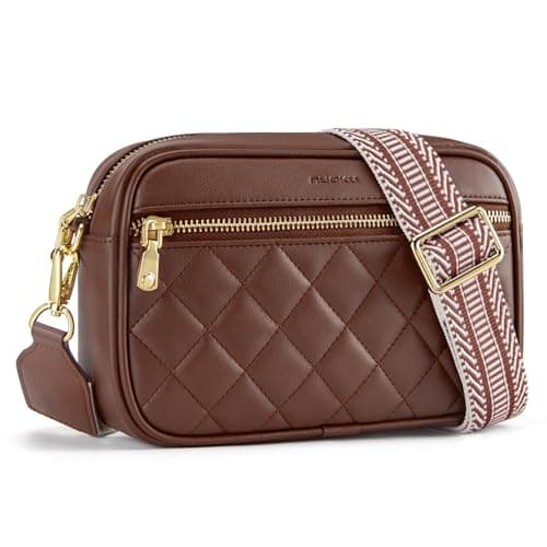 nuoku Quilted Crossbody Bags for Women Wallet Purse with Phone Pocket, Small Travel Purses Anti Theft, Wide Guitar Strap, Coffee - Image 1